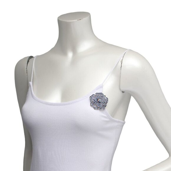 Vintage Blue Crystal Flower Brooch Pendant Pin Metal Silver Iridescent Jewelry - Picture 7 of 7